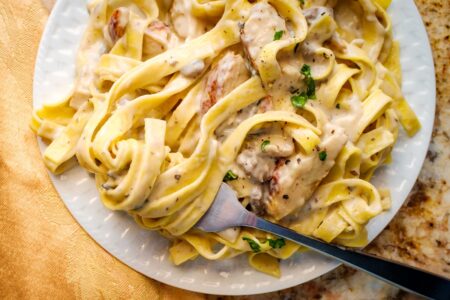 Dairy-Free Chicken Alfredo Recipe - Rich, creamy, flavorful, fast, and easy! It's even naturally healthy. Soy-free with options for gluten-free and even plant based. Recipe is from the cookbook Eat Dairy Free.